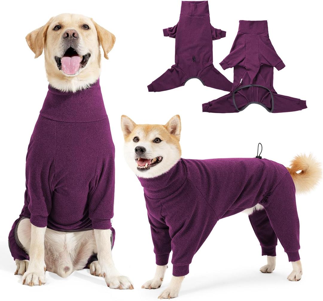 Dog Sweater Coat Winter Clothes for Small Pets, High Collar Warm Full Body Dog Pajamas Recovery Suit Onesie Jumpsuit Comfort Windproof Shirts with Leash Hole, Size S (Wine Red)
