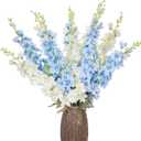 10 Pcs Delphinium Artificial Flowers for Decoration, 33.86 Inch Long Stem Larkspur Fake Flowers Light Blue Faux Silk Bouquets for Tall Vase Wedding Home Decor Floral Arrangements(White+Blue)