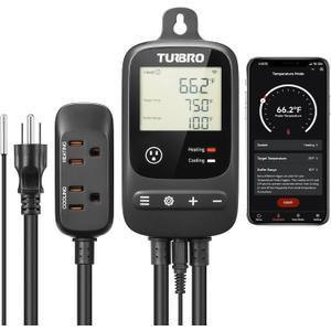 TURBRO Smart Temperature Controller Heating Cooling, WiFi-Enabled Thermostat with Timer and Temperature Monitoring for Home Brewing, Seedling, Greenhouse, and Reptile Terrarium, TC01