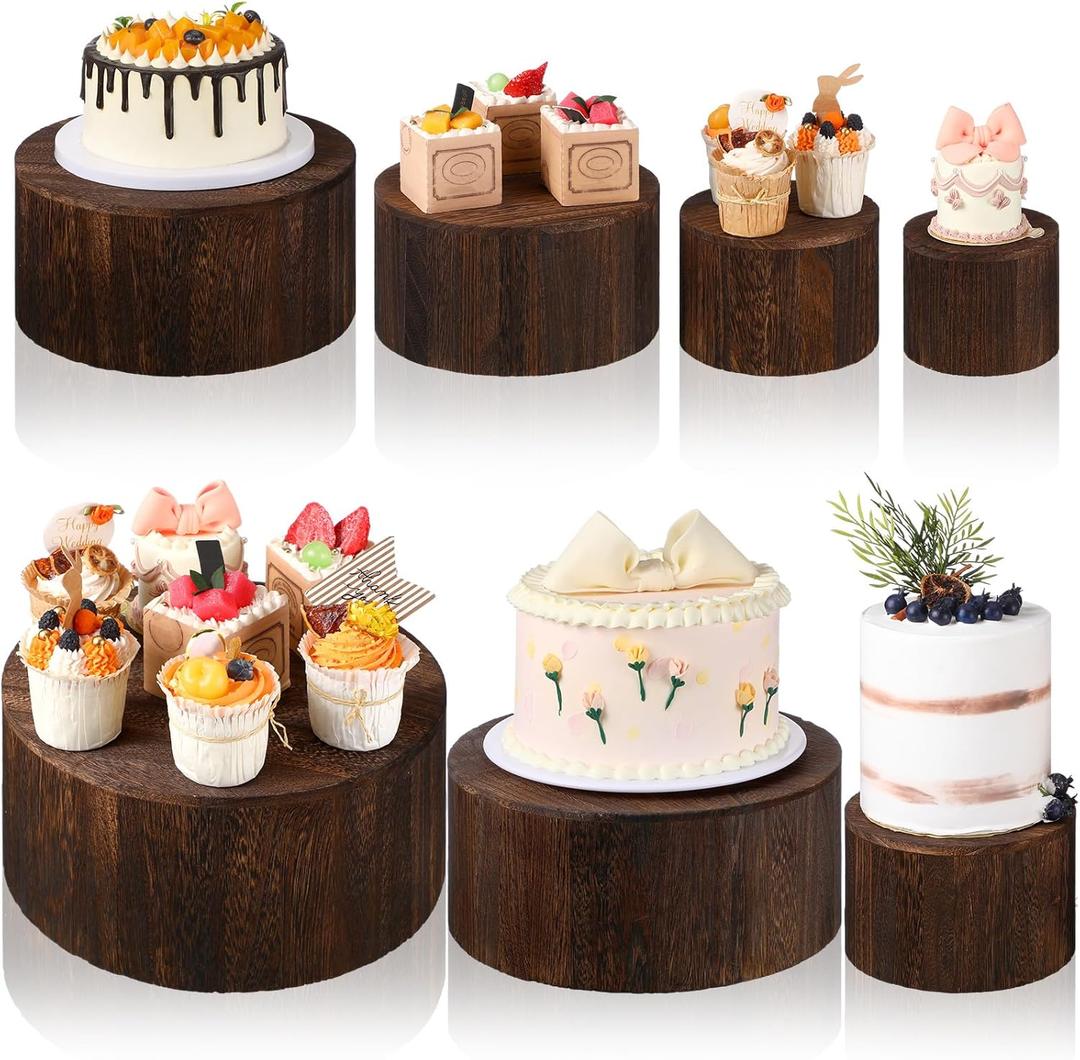 Domensi 6 Pcs Wood Display Risers Cupcake Stand Brown Rustic Wood Cake Stands Wooden Stackable Display Box for Dessert Wedding Birthday Baby Shower Christmas Village Party Decoration