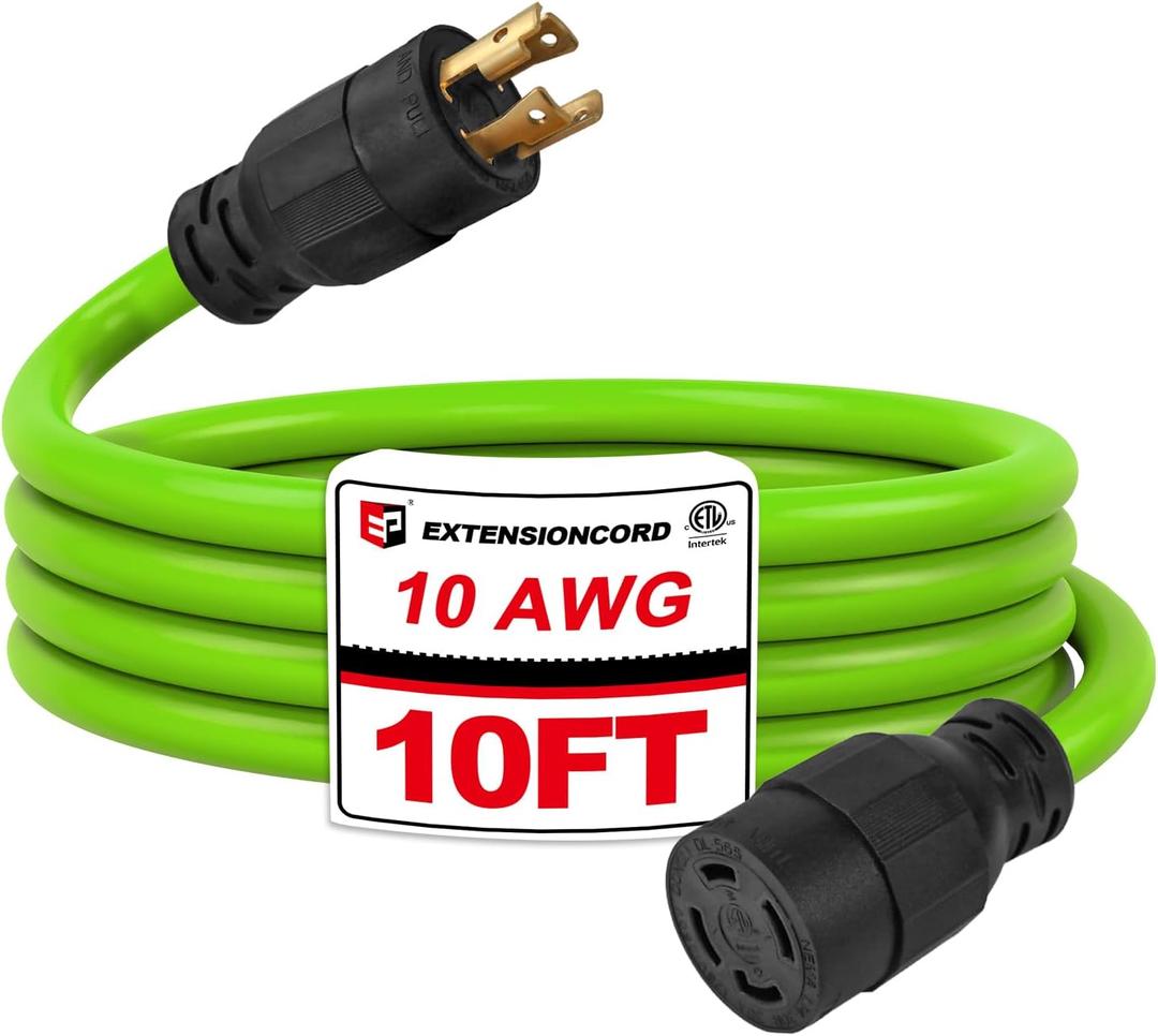 EP 10 Ft 30-Amp Generator Extension Cord, 4-Prong 125/250V 7500W NEMA L14-30P/R, 10 Gauge SJTW Locking Power Cord for Transfer Switch, Portable Generators Green