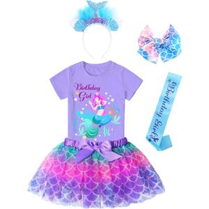 Doctor Unicorn Birthday Girls Mermaid Outfit Set Costume Tutu Skirt Dress, Mermaid Birthday Shirt, Headband & Satin Sash (8-9 Years, Blue/Purple Mermaid)