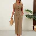 Ficerd Women's 2 Piece Outfits, Sleeveless Cotton Suit Vest and Wide Leg Pant Summer Business Casual Button V Neck Blazer Set(Khaki,Small)