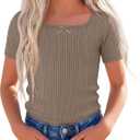 Xaatren Girls Square Neck Short Sleeve T-Shirt | Ribbed Knit, Square Neck, Short Sleeve, Lace Trim, Slim Casual Fit, Summer Basic Tee, Girls' Sizes 5-14 Years