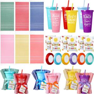 24 Pcs Summer Teacher Gifts Bulk, End of Year Teacher Appreciation Cups 24 oz Plastic Tumblers with Lid and Straw Turkish Beach Towels Thank You Tags and Ribbons, 6 Sets