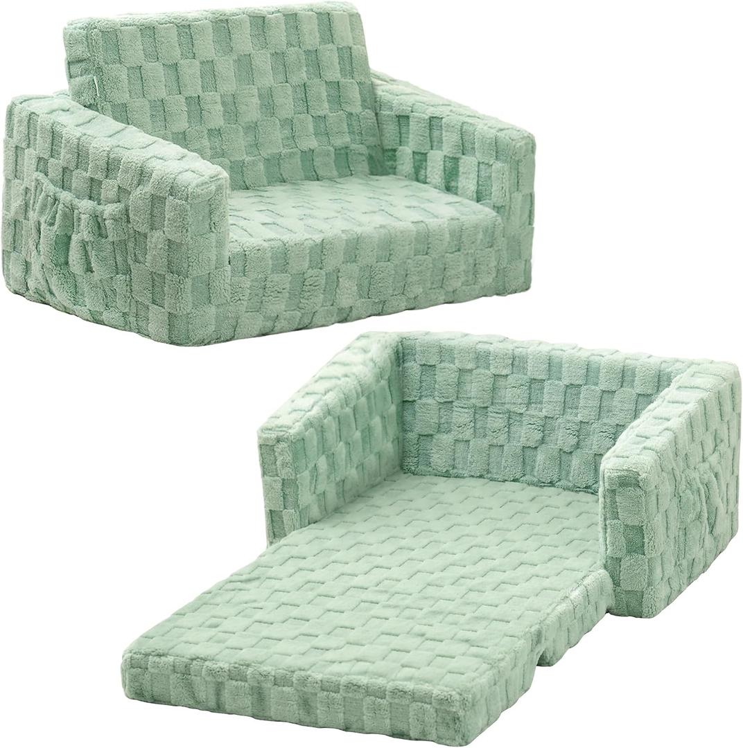 Toddler Couch for Kids, 2-in-1 Kids Fold Out Couch with Flip Open Sofa Lounger, Soft Flannel Kids Sofa Chair for Playroom Bedroom, Green