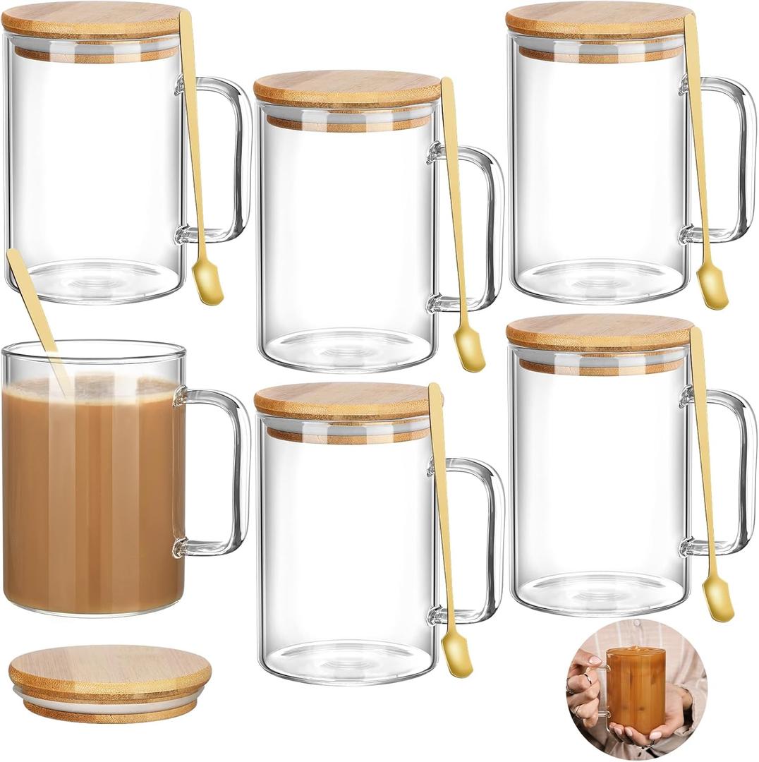 Jingmore 6 Sets 20 oz Clear Large Glass Coffee Mugs with Handles and Lids 6 Big Tea Cups with 6 Gold Spoons for Latte Espresso Tea Cappuccino Hot Cold Beverages