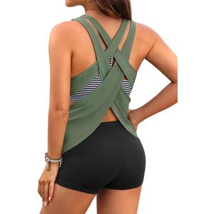 Aqua Eve 3 Piece Tankini Swimsuit for Women Tank Bathing Suit with Shorts Open Back Athletic Swimwear (XL)
