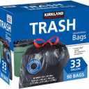 Kirkland Signature Carton is 100% recyclable 33 Gallon Black Drawstring Trash Bag 90 Count,Tear-Stop Technology