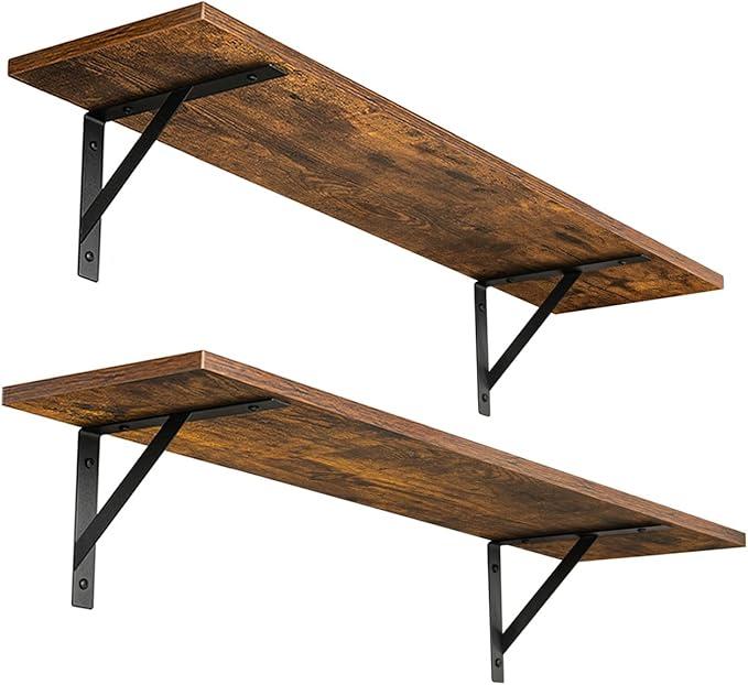 Wall Shelves, 23.6 x 7.9 x 6.1 Inch Floating Shelves for Wall, Easy-to-Install Wall Storage Ledges with Sturdy Metal Brackets for Living Room, Bathroom, Kitchen, Rustic Brown