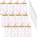 12Pcs Pink Bow Glass Cups with Lids and Straws 16oz Cute Coquette Ribbon Drinking Glasses Cups Iced Coffee Cup for Women Girls Friend Bridesmaid Coffee Tumbler Bridal Shower Gifts