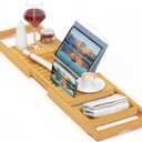 Luxury Bamboo Bathtub Tray - Wooden Expandable Caddy with Book, Tablet, Wine Holder - Gift Idea