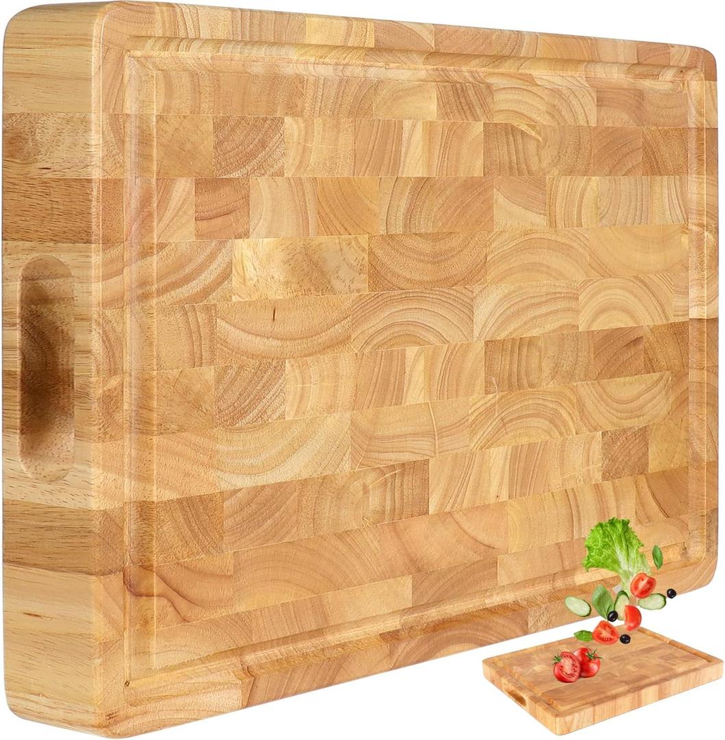Wooden Butcher Block End Grain Cutting Board - 17x13x1.5 In Reversible Multipurpose Chopping Board with Juice Groove, Cracker Holder & Inner Handles