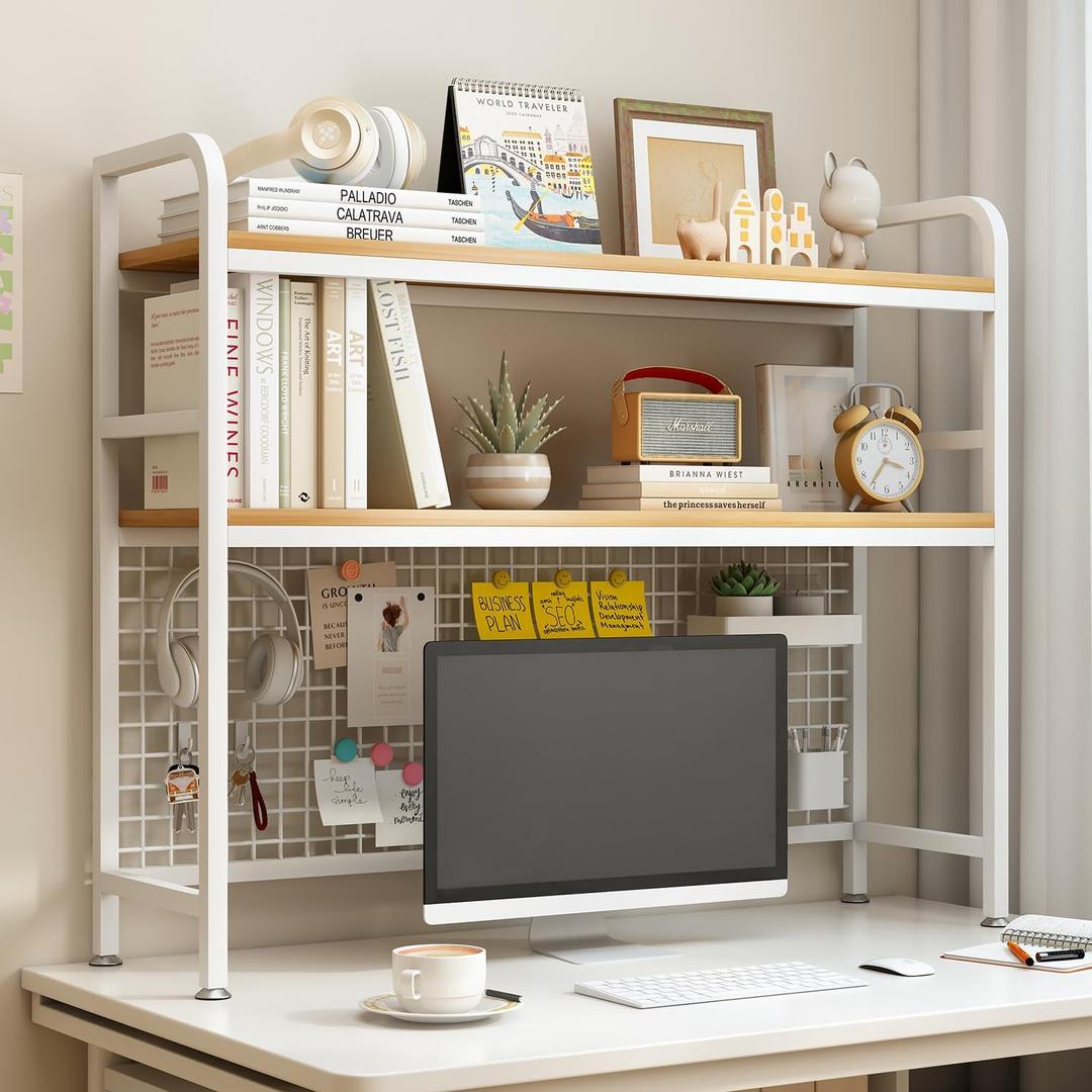 IOTXY 2-Tier Desktop Hutch Bookshelf, Metal Desk Shelf, White, 45.3" W
Steel Frame, 2 MDF Shelves, Grid Panel with 5 Hooks, Fits Over Monitors Up to 27" for Dorm Desks and Home Offices