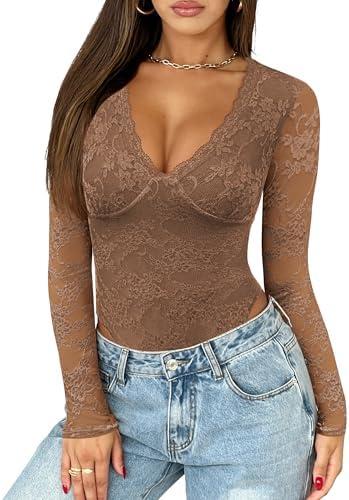 Saslax Women's Lace Bodysuit Sexy Deep V Neck Long Sleeve Body Suits Thong Slim Fit Double Lined Y2K Going Out Tops XXL