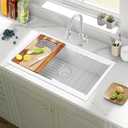 Granite Composite Kitchen Sink 32"X18"X9" White Top Mount or Drop In Sinks Single Bowl Kitchen Sinks with Workstation Accessories Noise-Free Undermount Sink with Cutting Board, Grid, Drying Rack