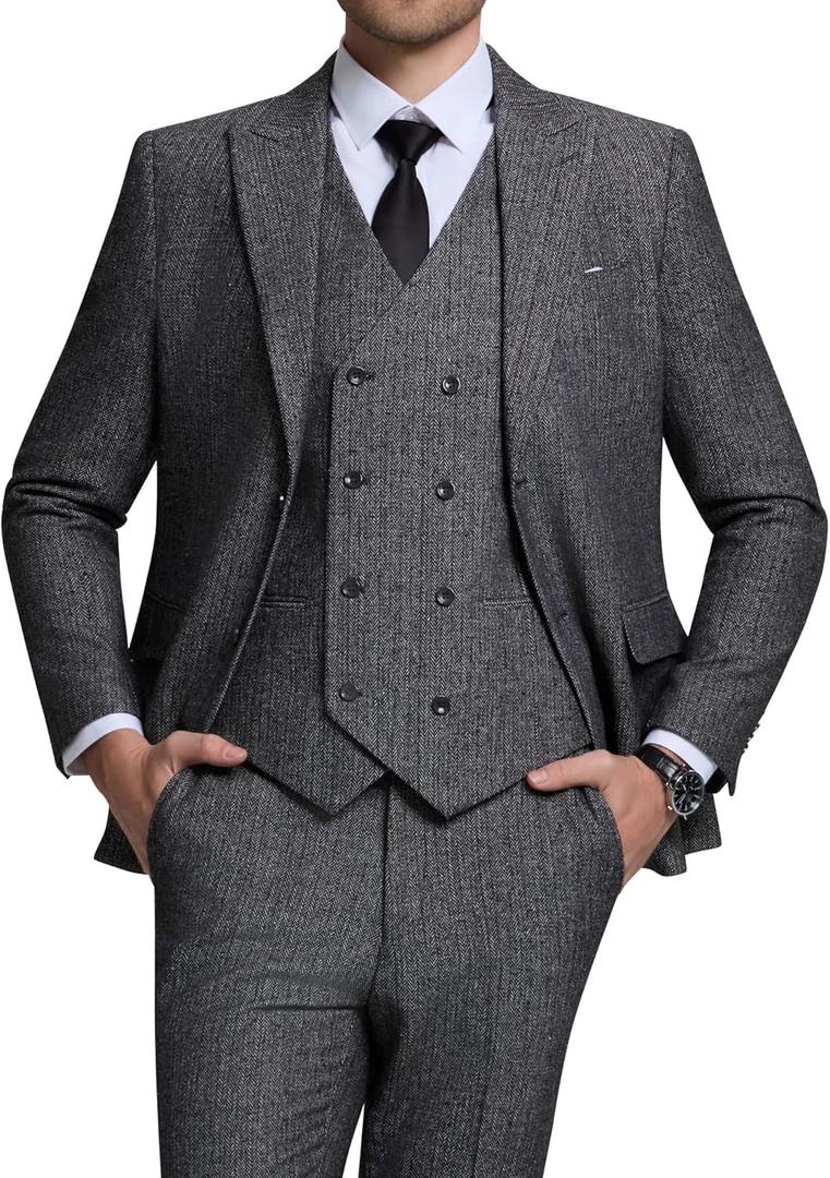 Men's Suits Herringbone Tweed Suits for Men Retro 3 Piece Peak Lapel Blazer Wedding Prom Suit Jacket Vest Pants Set (XX-Large, Dark Grey)