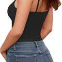MANGOPOP Women's Cami Thong Bodysuit Double Lined Square Neck Backless Body Suit Adjustable Spaghetti Strap Tank Tops (Black, L)