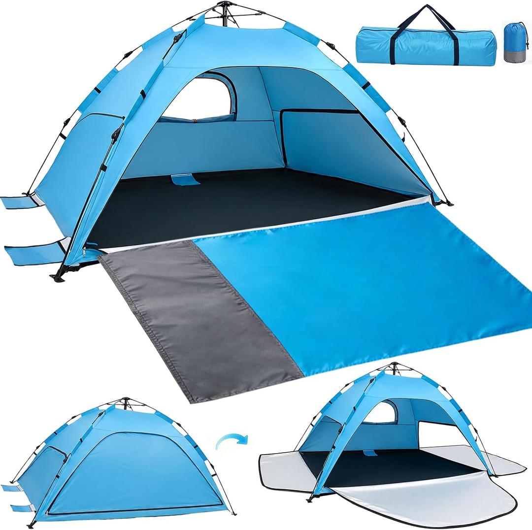Pop Up Beach Tent Sun Shade Shelter with Extended Sand Mat for 3-4 Person - UPF 50+ UV Protection, 3 Zippered Doors & Vent Windows Easy Set up Beach Shade Tent