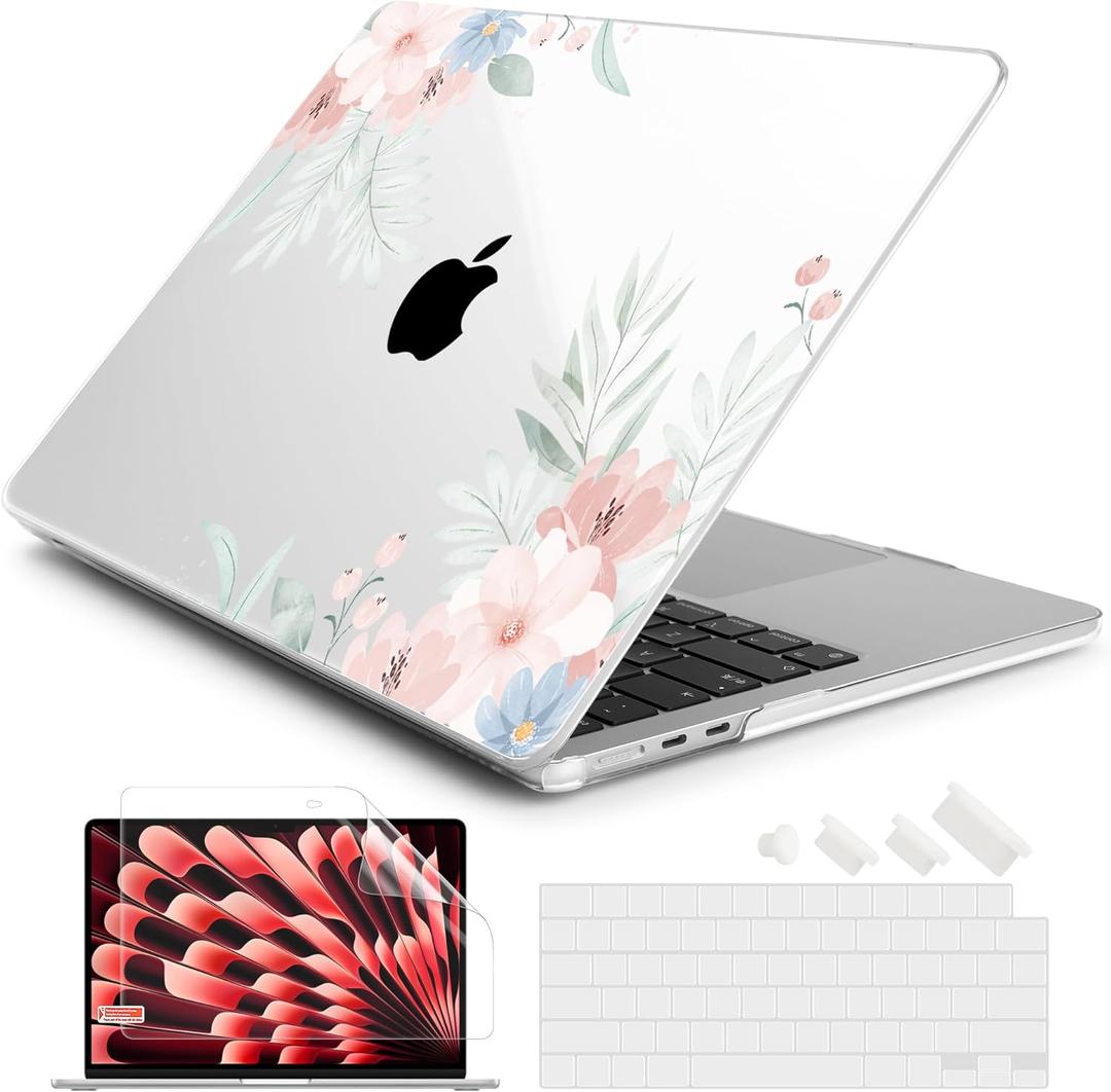 Batianda Premium Case for New MacBook Air 15 inch 2025 M4 2024 2023 with M3 M2 Chip Model A3114 A2941, Designed Protective Plastic Hard shell & Keyboard Cover & Screen Protector, Watercolor Floral