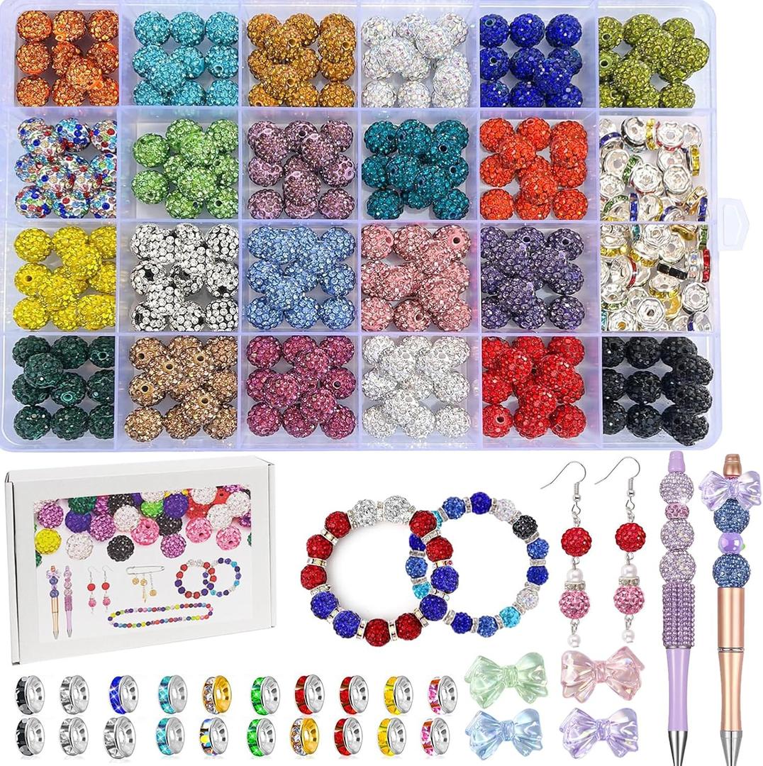 508pcs Rhinestone Handcrafted Beads, Including 264pcs Disco Ball Clay Rhinestone and 120pcs Spacer Beads Necklace Jewelry Making,DIY Shambhala Disco (10mm Multicolor)