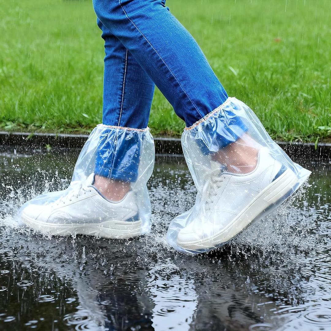 10 Pairs Shoe Covers Waterproof Rain Boot Covers for Women & Men, Plastic Disposable Shoe Protectors with Non-Slip Soles, Slip-On Outdoor Overshoes for Wet Weather, Commuting, Dog Walking (Clear)