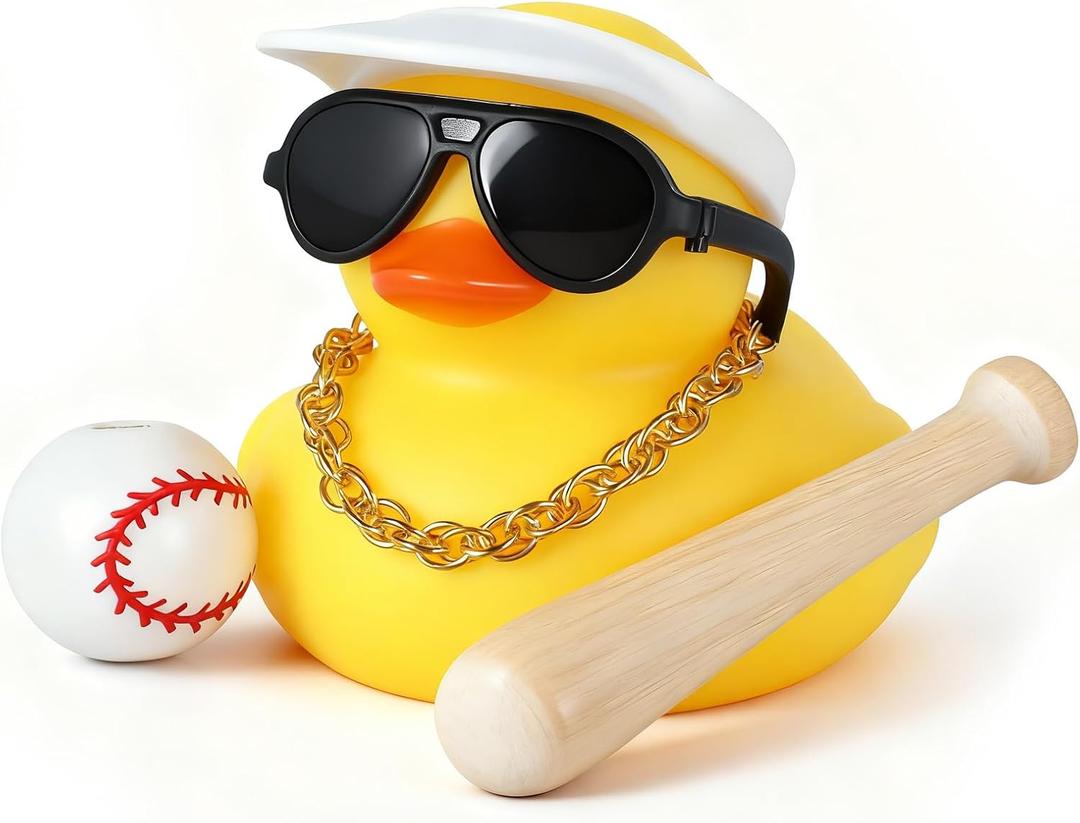 Baseball Rubber Duck Car Decorations, Funny Dashboard Accessories with Visor Hat, Sunglasses, Baseball Bat & Squeaky Design, DIY Car Ornaments
