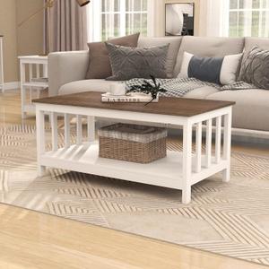 ChooChoo Farmhouse Coffee Table, White Living Room Table with Shelf, 40 Inch, 22"d x 39.9"w x 18.1"h