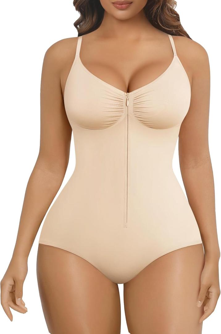 SHAPERX Women's Shapewear Bodysuit Tummy Control Seamless Zip-Up Body Shaper Waist Defining Body Suit (Beige Brief), S/M
