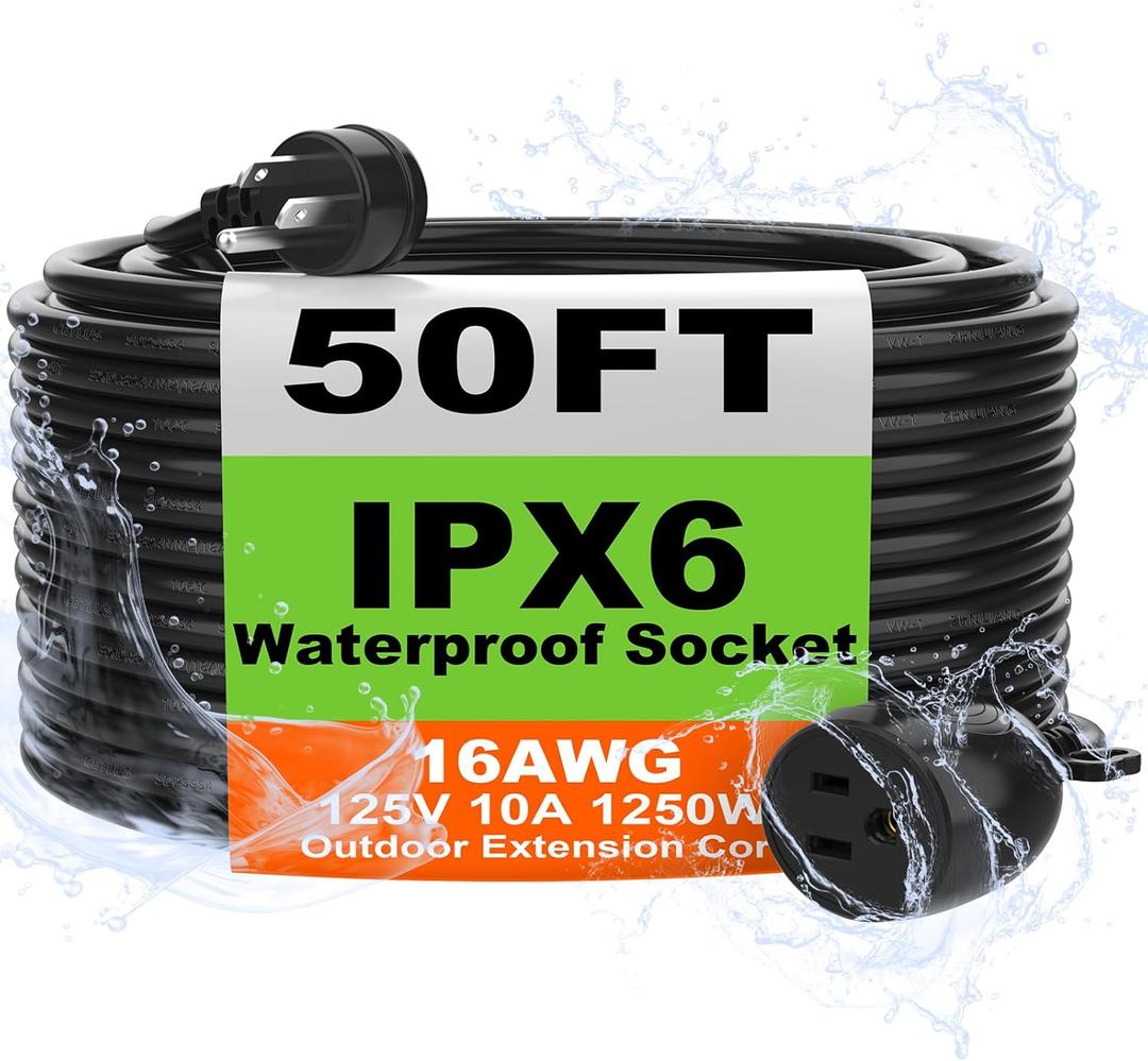 USEDOM IPX6 50 FT Outdoor Extension Cord Waterproof, 16/3 Gauge Black Heavy Duty Extension Cords, 10A 1250W SJTW, Waterproof Socket, 3 Prong Flat Plug Extension Cord with Weather Resistance