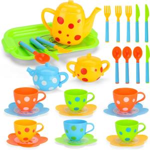 Pretend Play Toy Tea Set for little girls, Kids Role Play Tea Toy Party Set, 28pc Plastic Afternoon Tea Time Playset with Teapot, Cup, Knife, Fork, Spoon, Saucer, Serve Tray.