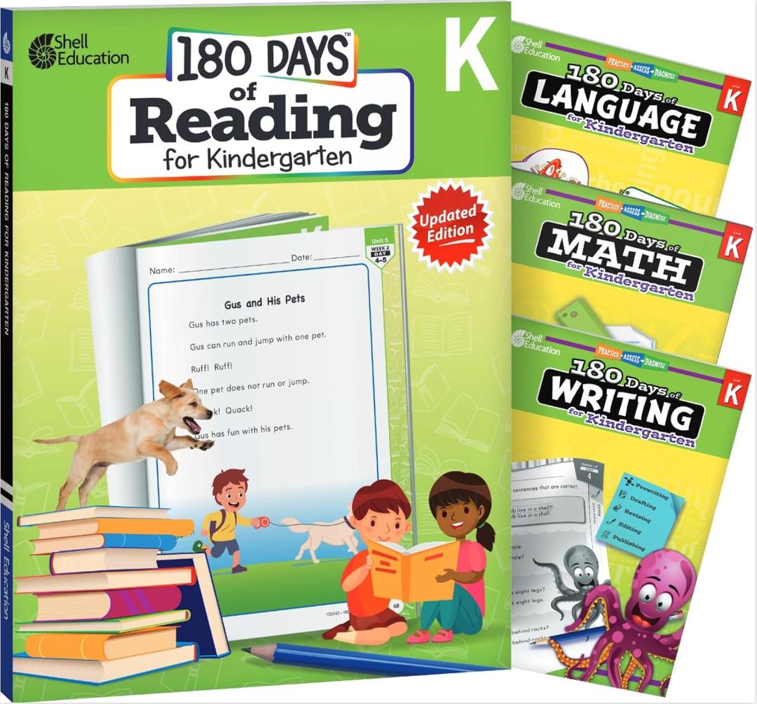 180 Days™: 4 Book Bundle: Daily Reading, Writing, Grammar, and Math for Kindergarten Practice Workbook for Classroom and Home, Cool and Fun Practice Created by Teachers