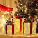 3 Pieces Lighted Gift Boxes Christmas Decorations, 60 LED Christmas Box Decorations, Presents Boxes with Red Ribbon Bow Christma Ornaments for Xmas Tree, Yard, Home, Indoor Outdoor Holiday Decor