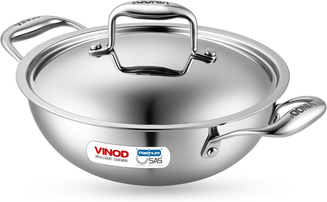 Vinod Platinum Triply Stainless Steel Wok with Lid, 1.8 Litre (22 cm Diameter), Silver, Induction & Gas Compatible