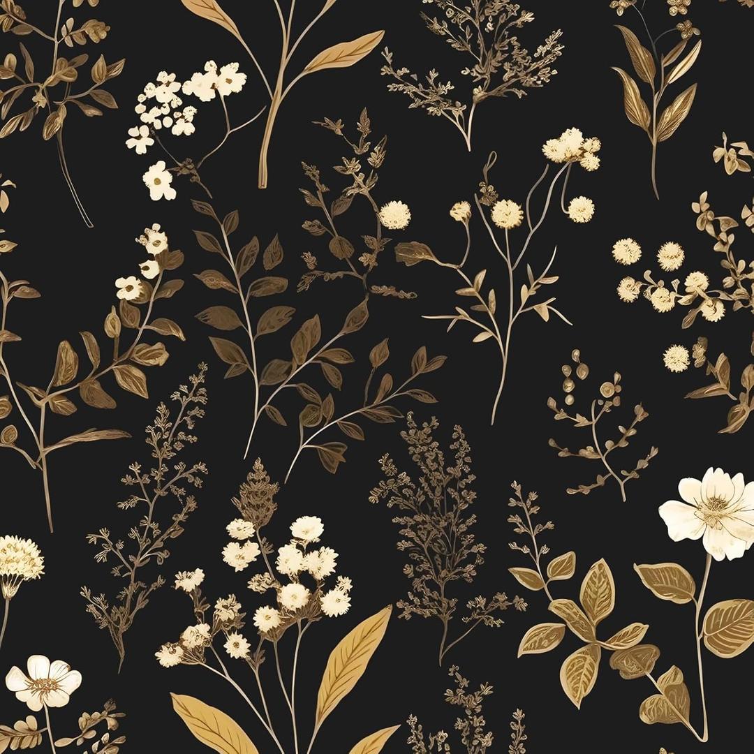 ILHIIOR Gold Leaf Peel and Stick Wallpaper - Boho Vintage Dark Floral Removable Wall Decor 17.5''x393''