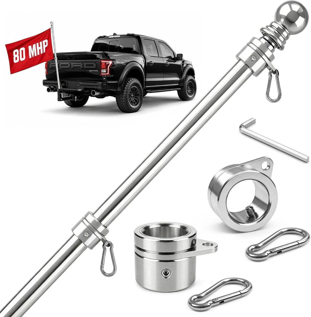 ZMTECH 5FT One Piece Heavy Duty Stainless Steel Flag Pole for Outside House,Flag Pole for Truck,Jeep,Porch,RV,Boat,Wall & Vehicle Use Silver(Without Bracket)