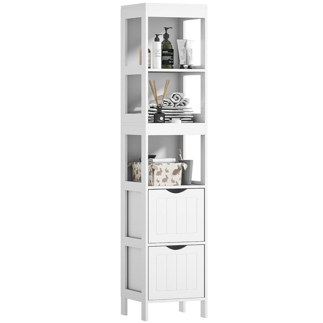 HOMCOM Narrow Bathroom Storage Cabinet, Bathroom Cabinet with 2 Drawers & 3 Open Shelves, Freestanding Slim Bathroom Floor Cabinet for Small Spaces, White