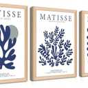 Wood Frame Matisse Wall Art Set of 3, Abstract Blue Henri Matisse Canvas Posters Prints, Navy Blue Flower Aesthetic Wall Decor Paintings for Living Room Bedroom Bathroom 12x16 In Light Framed 3 Pcs