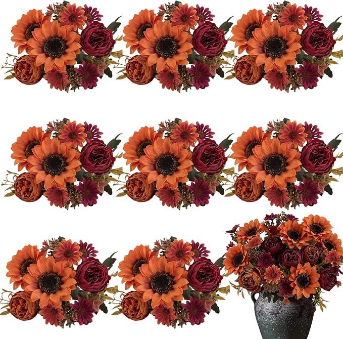 ASTRYAS 8Pcs Artificial Sunflowers Flowers, Fall Flowers Silk Sunflowers Fake Peonies Bouquet for Indoor Outdoor Wedding Home Garden Table Centerpieces Autumn Decor