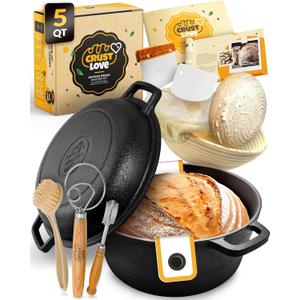 Cast Iron Dutch Oven for Bread Baking - incl. Sourdough Bread-Baking Supplies like Banneton Bread-Proofing Basket - 5QT Bread-Oven with Lid Bread-Making Kit Pan, Pot, Sour Sough Tools, Lame