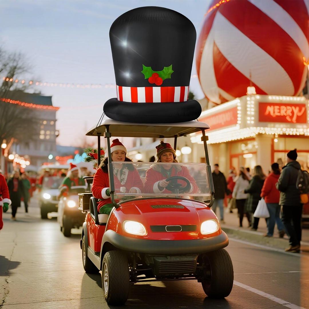 4.27 x 3.94 ft Large Inflatable Christmas Golf Cart Decoration with LED Light Outdoor Black Christmas Blow Ups Santa Hat for Car Golf Cart Decor Xmas Holiday Vehicle Accessories Yard Garden