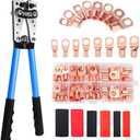 HKS Battery Cable Lug Crimping Tool 10-1 AWG, 60Pcs Copper Ring Terminals & 60Pcs 3:1 Heat Shrink Tubing, Heavy Duty Wire Crimper Set for Battery Cables