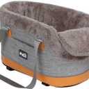 Pet Car Center Console Elevated Armrest Car Seat for Small Puppy, Dogs & Cats (Up to 10 lbs) Dark Gray Washable Plush Carrier with Safety Leash, Fits Front Vehicle Console Space (Khaki)