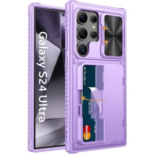 Vihibii for Samsung Galaxy S24 Ultra Wallet Case with Card Holder (4 Cards) & Slide Camera Protective Cover & Stand, Heavy Duty Shockproof Rugged Case for Galaxy S24 Ultra 5G 6.8" 2024, Light Purple