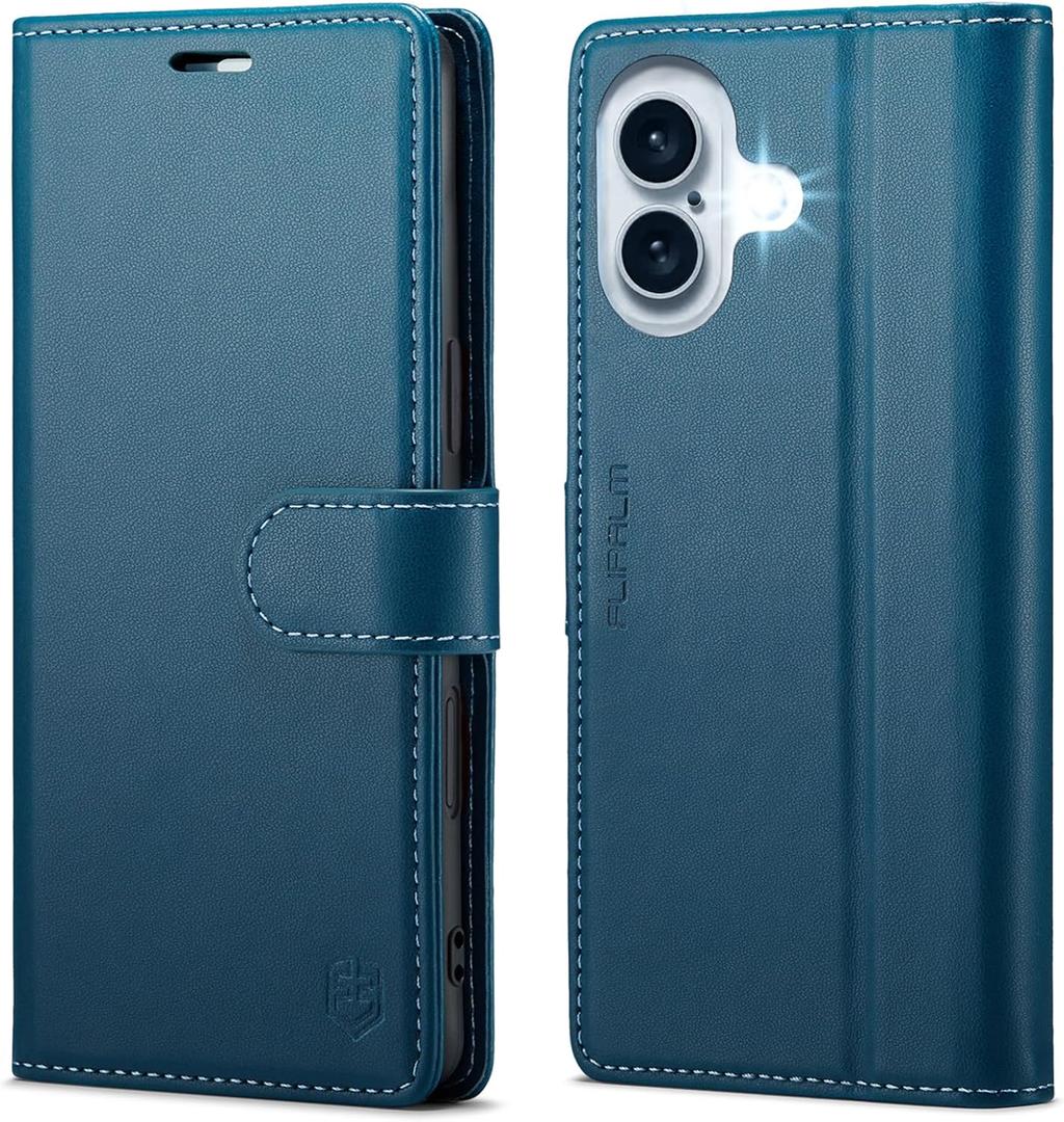 Compatible with iPhone 16 6.1" Wallet Case with RFID Blocking Credit Card Holder, PU Leather Folio Flip Kickstand Protective Shockproof Cover Women Men for Apple 16 Phone Case (Blue)