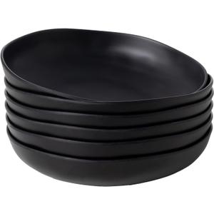 Melamine Bowls Set, 9 Large Pasta Bowl Salad Bowl, Set of 6, Lightweight Unbreakable Shallow Dinner Bowl Set, Large Capacity Serving Bowls for Kitchen, Black
