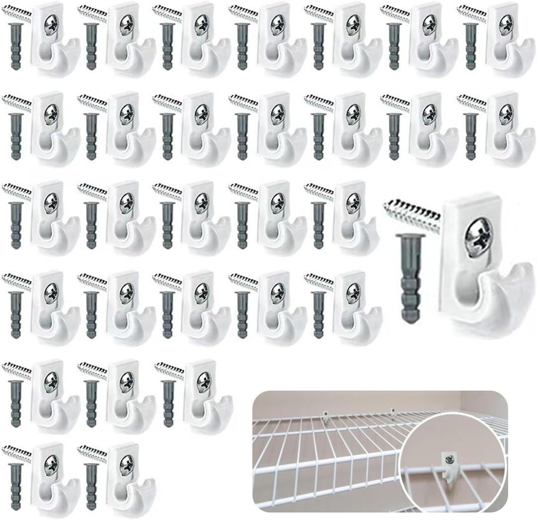 30 Pack Wire Shelf Wall Clips with Screws and Anchors  Plastic Mounting Brackets for Closet Wire Shelving, Wall Support Clips for Storage Rack Installation