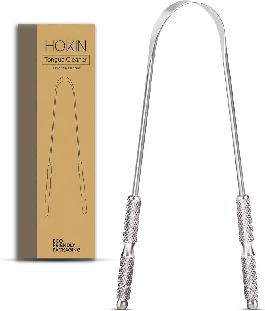 Tongue Scraper for Adults by HOKIN (1Pc Oral Care Pack) Stainless Steel Tongue Cleaners Reduce Bad Breath 100% Metal Tough Scrapers Men and Women Hygiene (Silver)