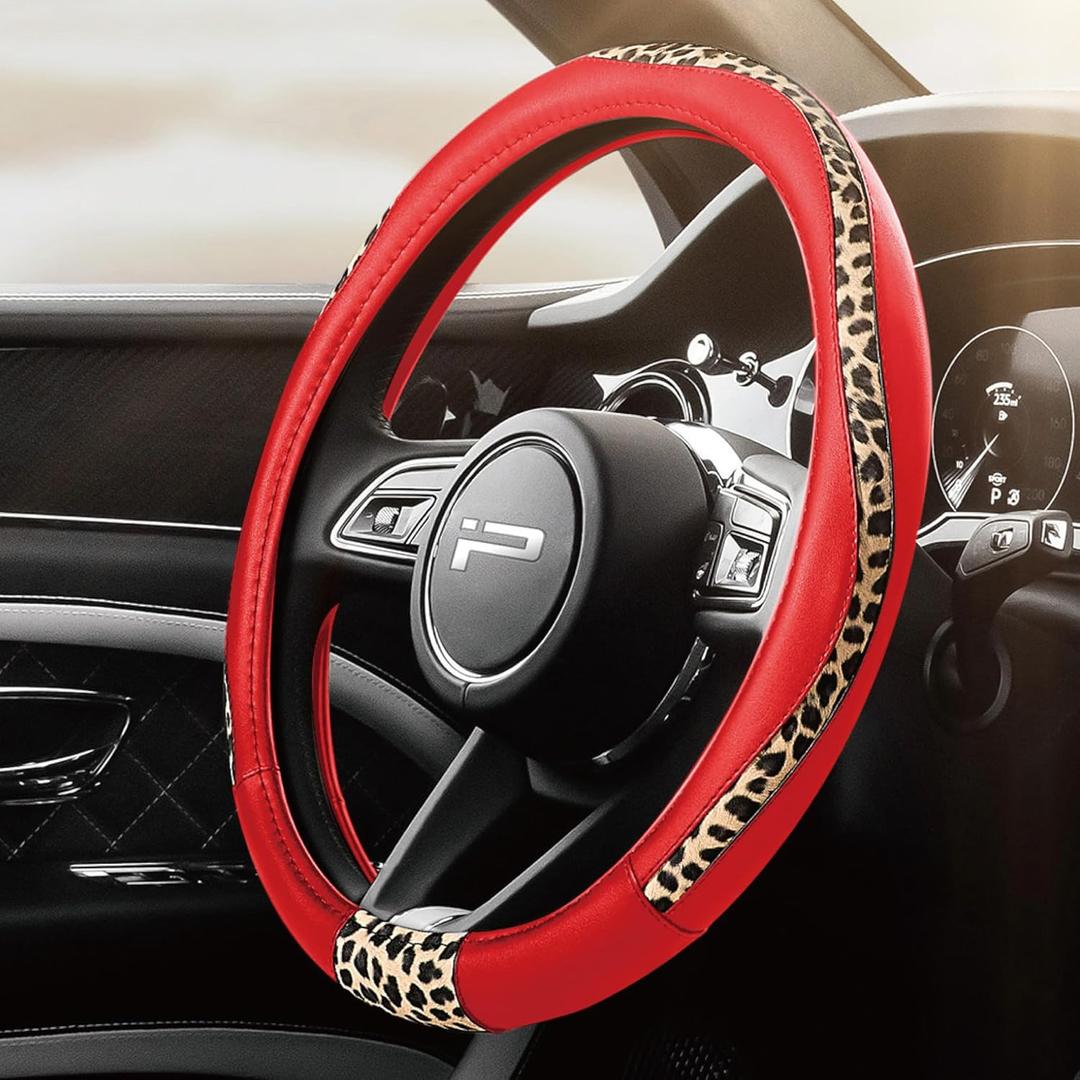 Road Comforts Steering Wheel Cover - Made with PVC Leather and Leopard Fabric - Universal 14 1/2 inches to 15 inches for Most Automotive Steering Wheel - Cheetah Print -Red