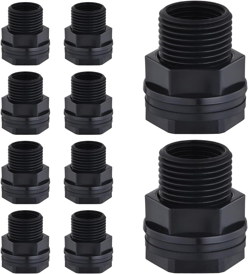 10 Pack Bulkhead Fitting, Garden Hose Threaded 3/4 Inch Male GHT x 1/2 Inch Female NPT Double Threaded Bulkhead Water Tank Connector for Rain Barrels Water Tank Pond Aquarium Tubs Pools Spigot